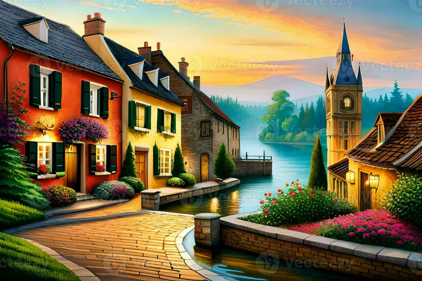 a painting of a village street with houses and a clock tower. AI-Generated photo
