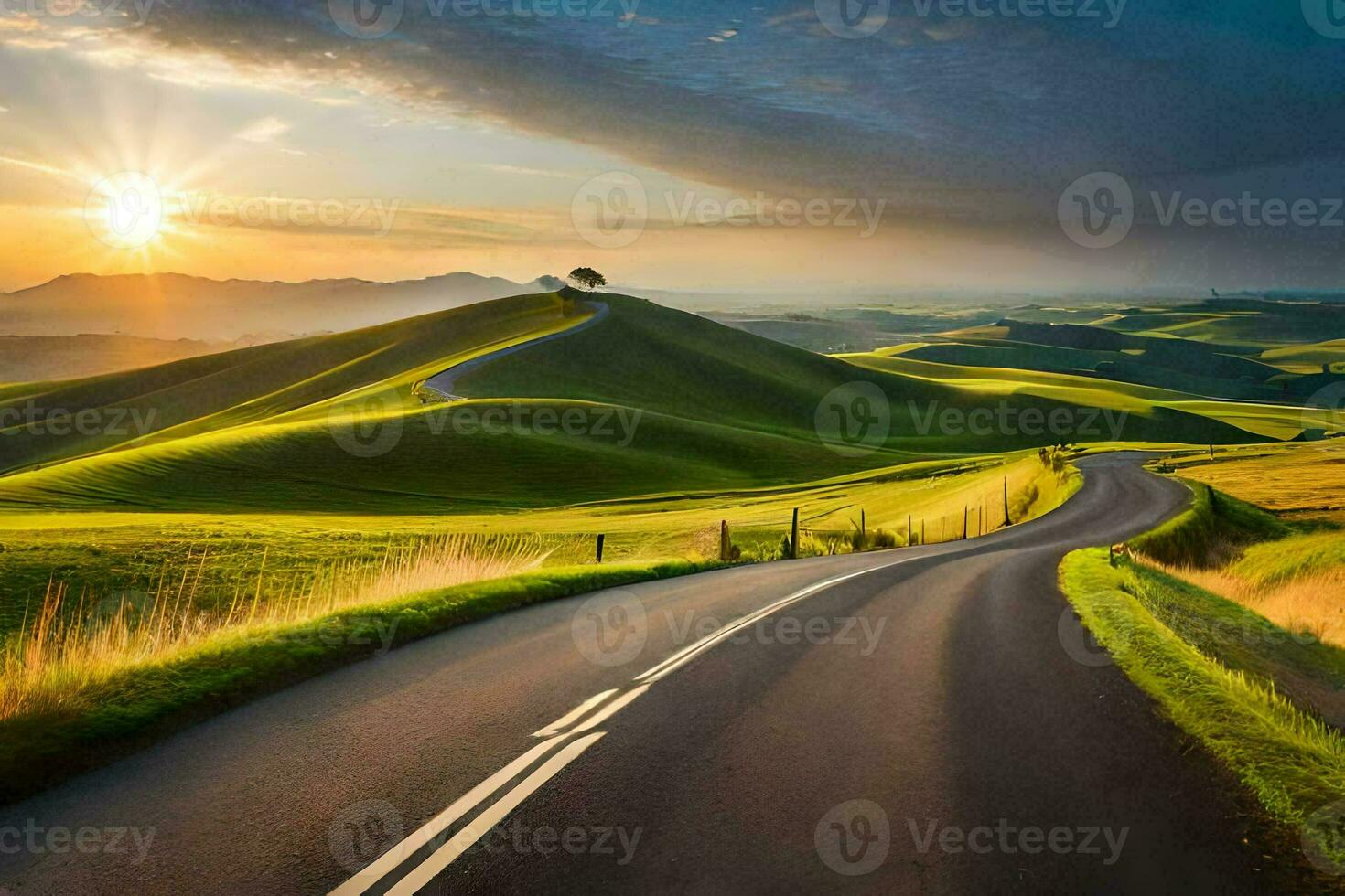 the road to the sunset. AI-Generated photo