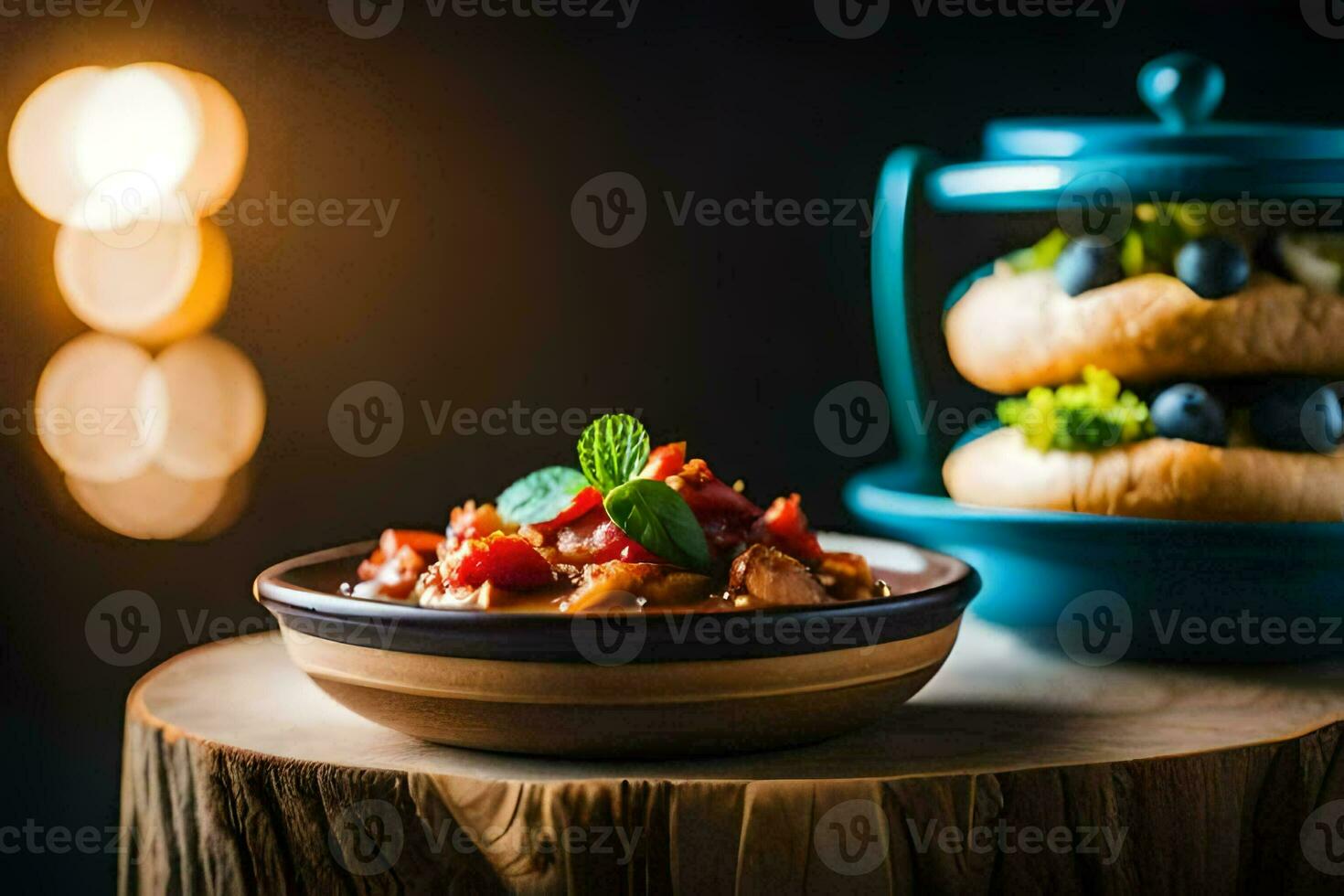 a plate of food with a glass of wine and a blue bowl. AI-Generated photo