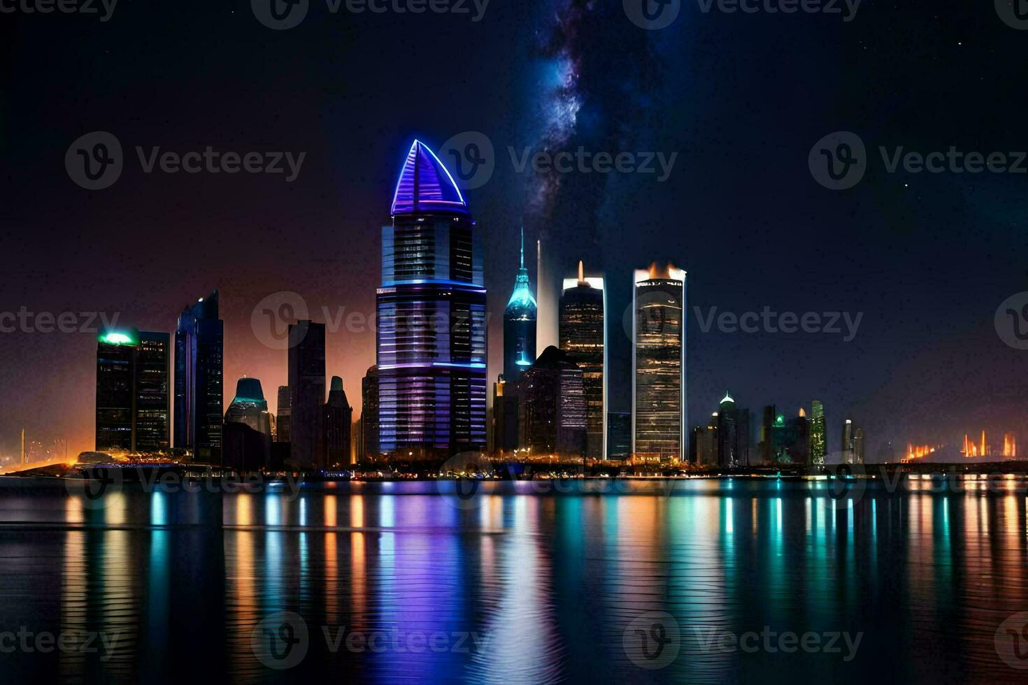 the city skyline at night with lights reflecting in the water. AI-Generated photo