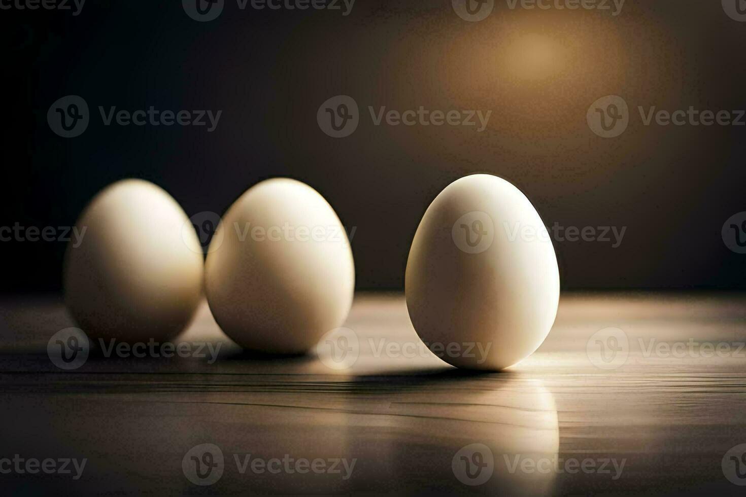 three eggs are standing in a row on a table. AI-Generated photo