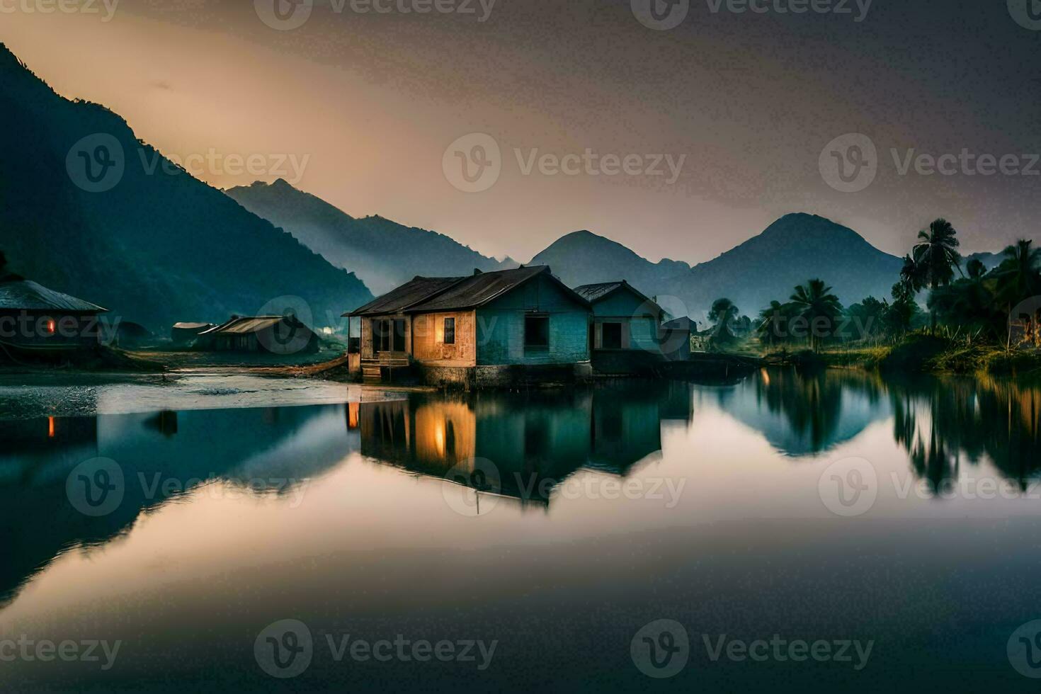 a house sits on the edge of a lake at sunset. AI-Generated photo