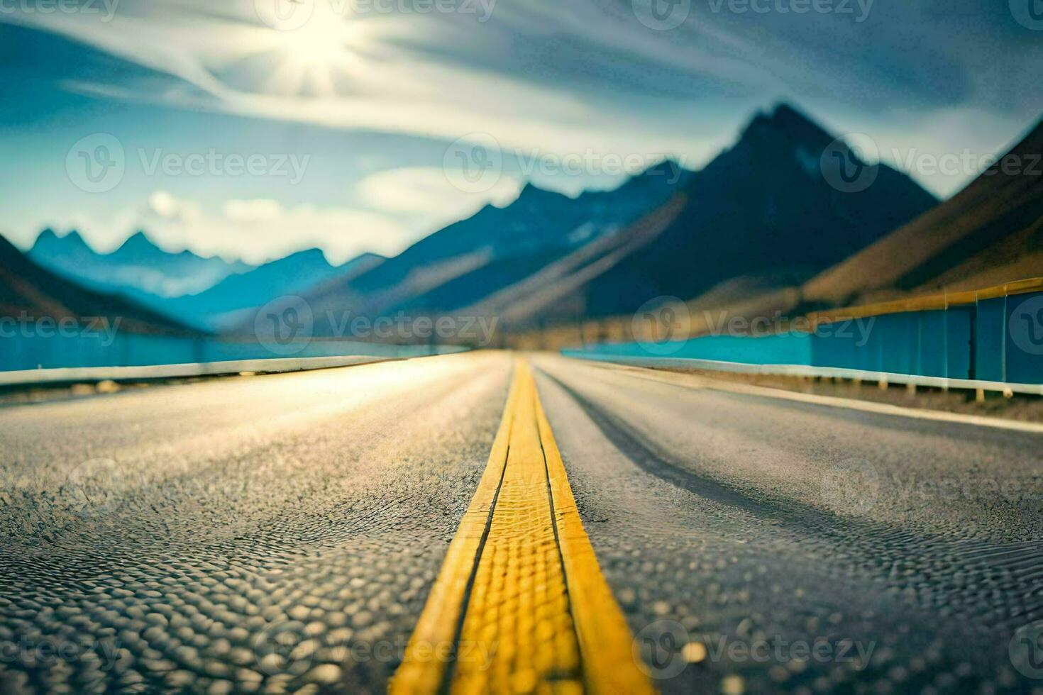 a road with mountains in the background. AI-Generated photo