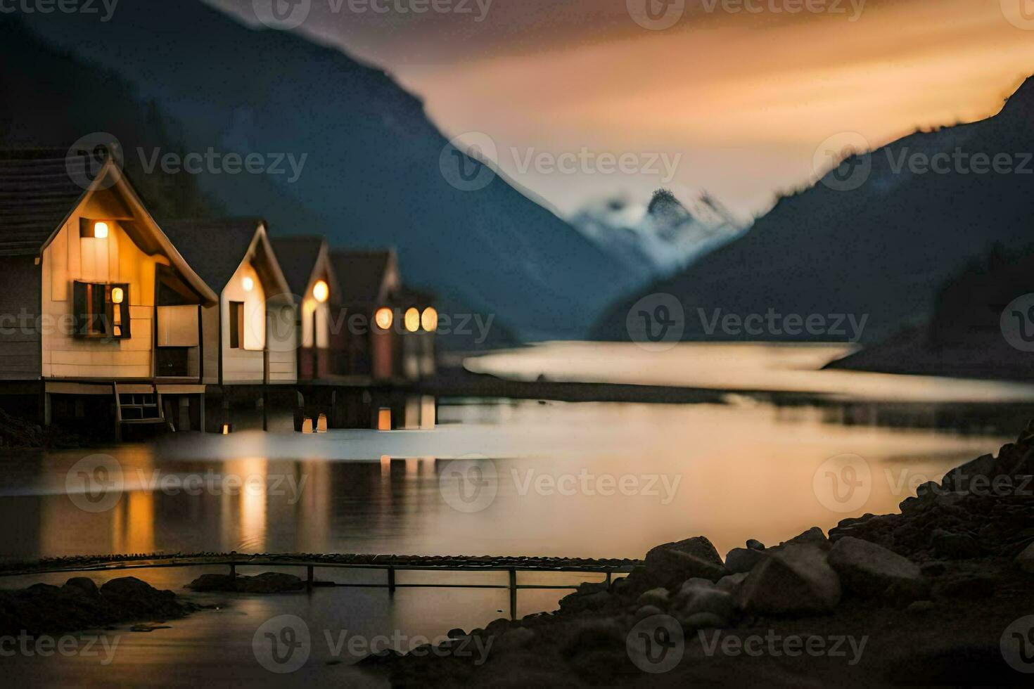 a row of cabins on the shore of a lake. AI-Generated photo