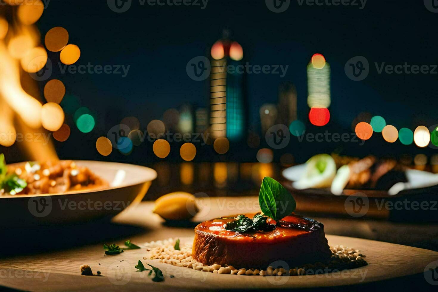 a plate of food with a cityscape in the background. AI-Generated photo