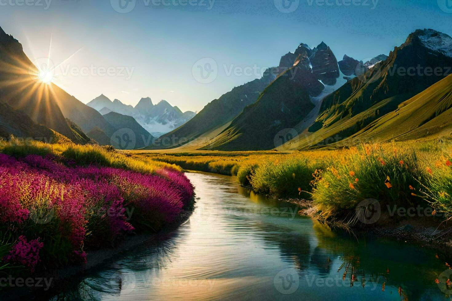 the sun shines on a river in the mountains. AI-Generated photo