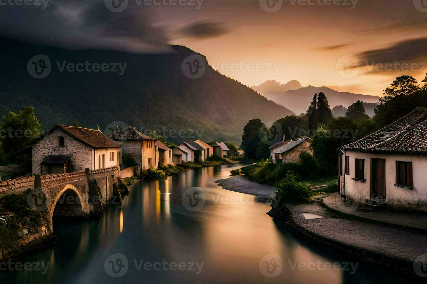 photo wallpaper the sky, mountains, river, houses, the village, the river, the bridge. AI-Generated