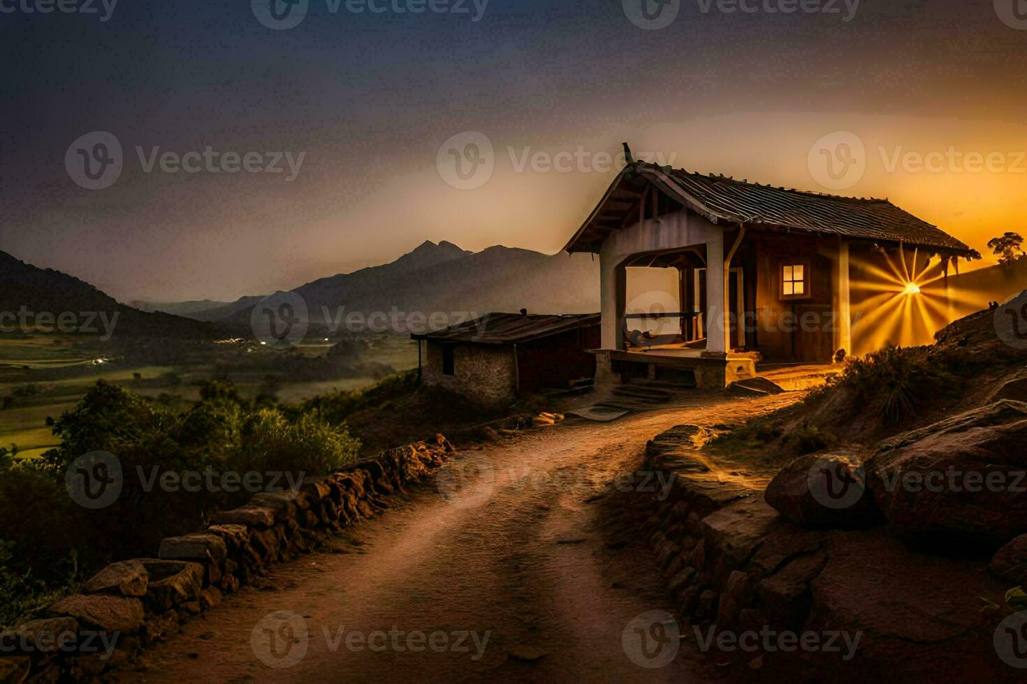 a small hut sits on the side of a mountain. AI-Generated photo