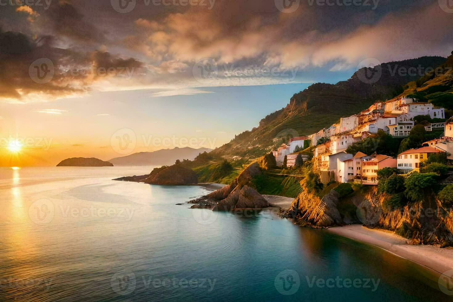 the sun sets over a village on the coast. AI-Generated photo