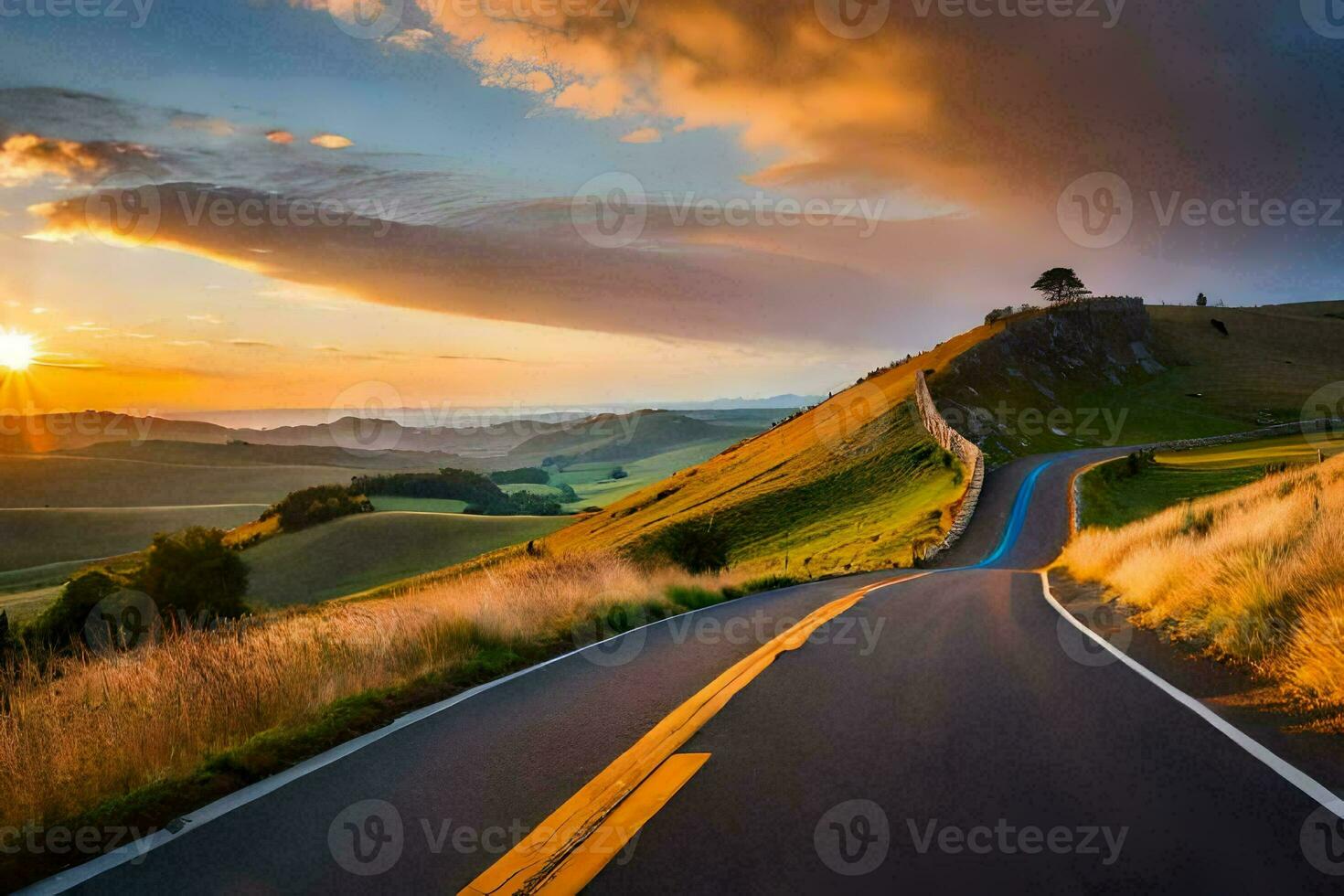 the road to the sunset. AI-Generated photo