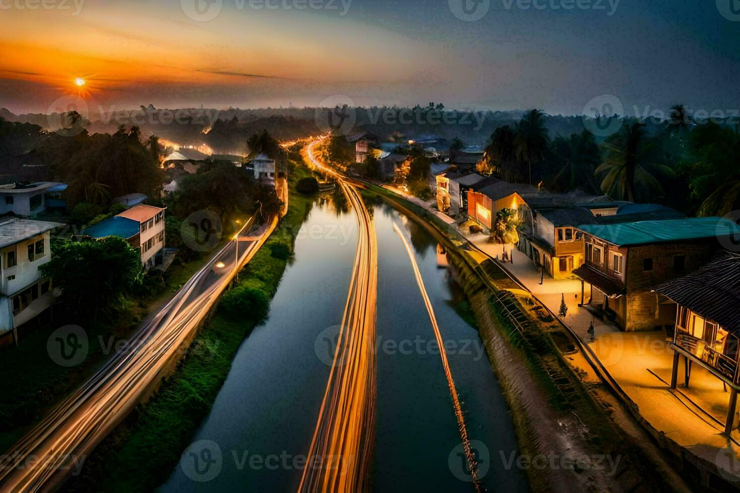 a long exposure photo of a river and houses at sunset. AI-Generated