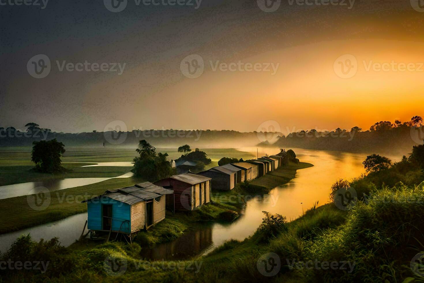 the sunrise over the river. AI-Generated photo