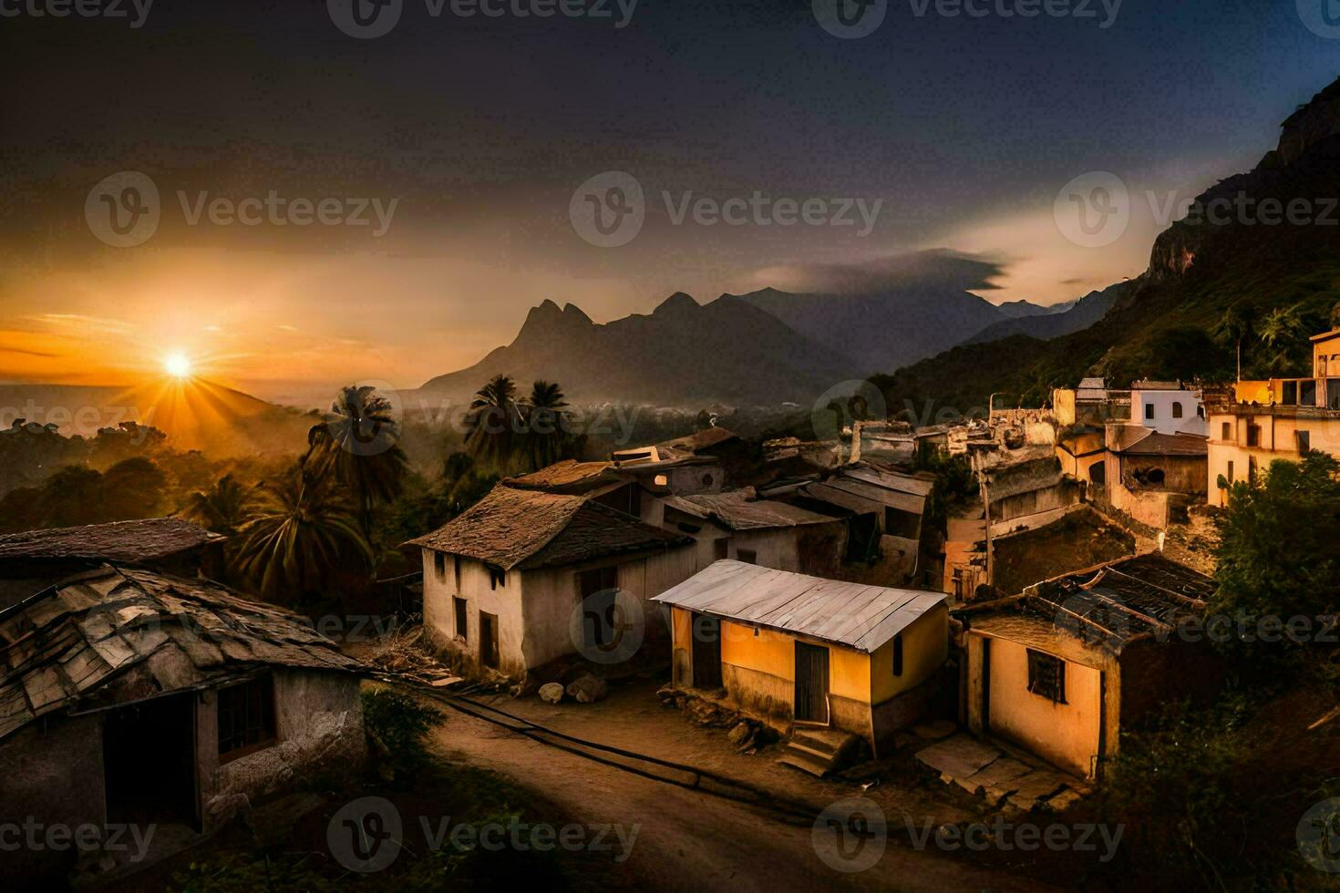 the sun sets over a village in the mountains. AI-Generated photo