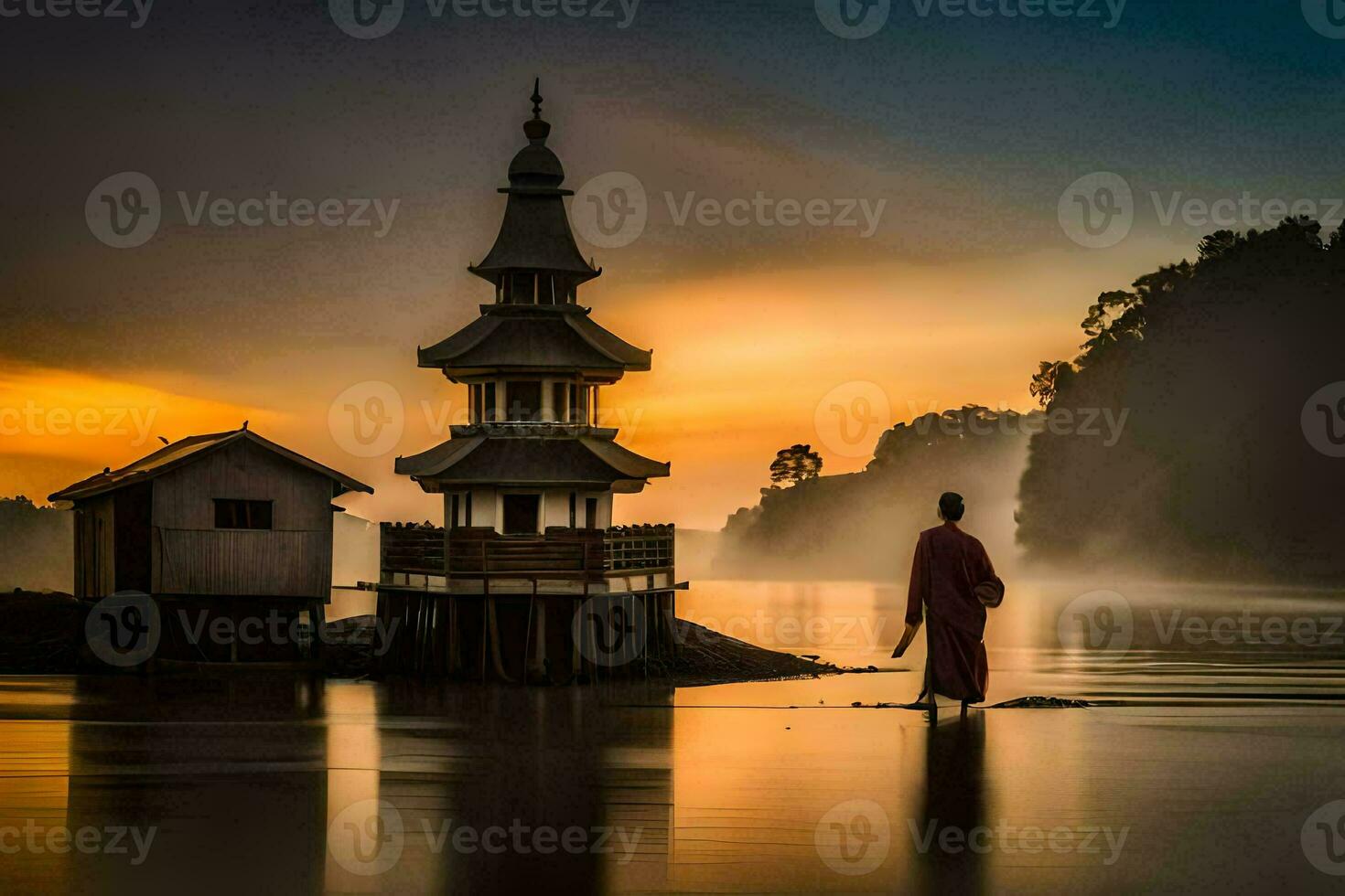 a man stands in the water near a pagoda. AI-Generated photo