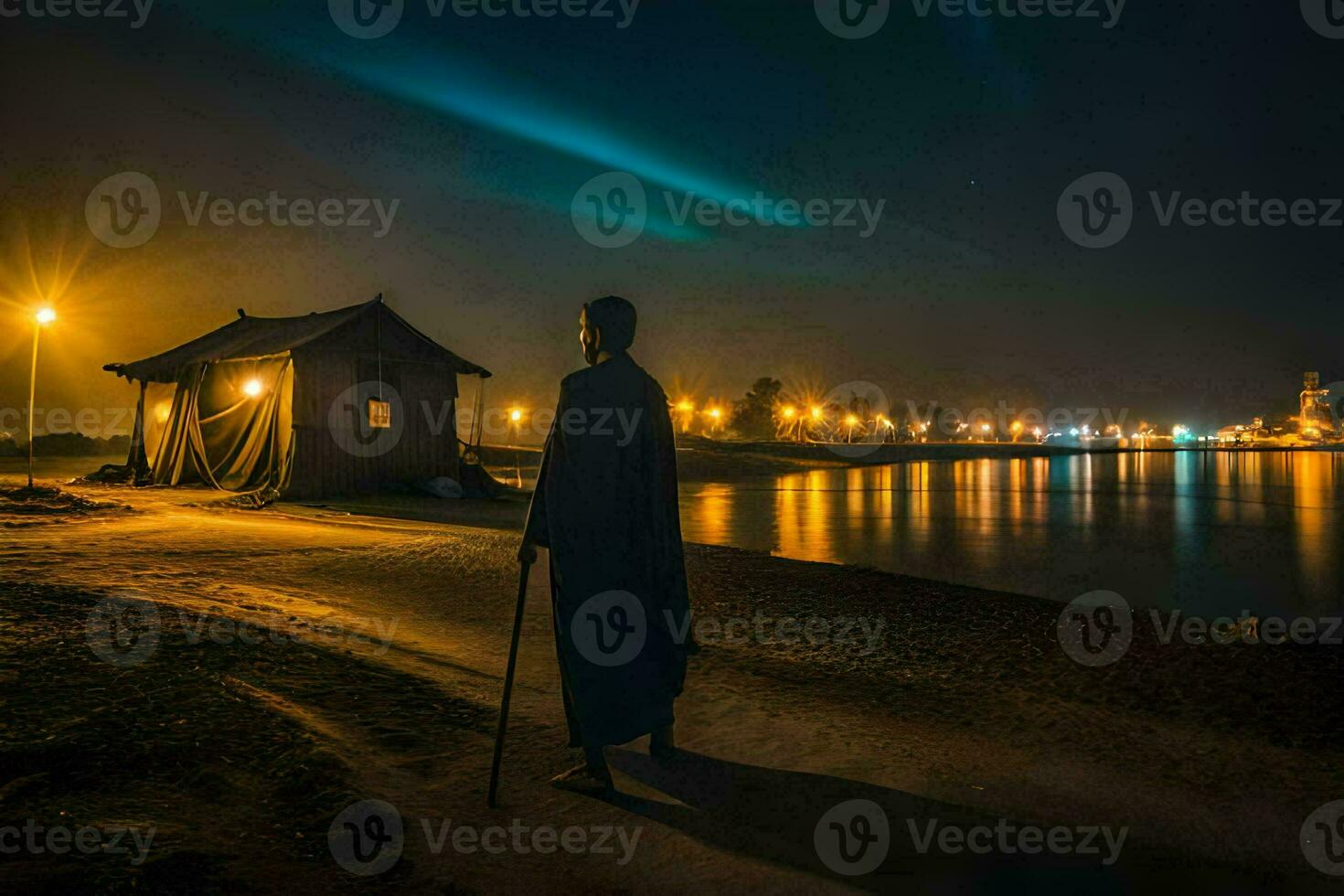 a man walks along the shore at night with a light shining on the water. AI-Generated photo