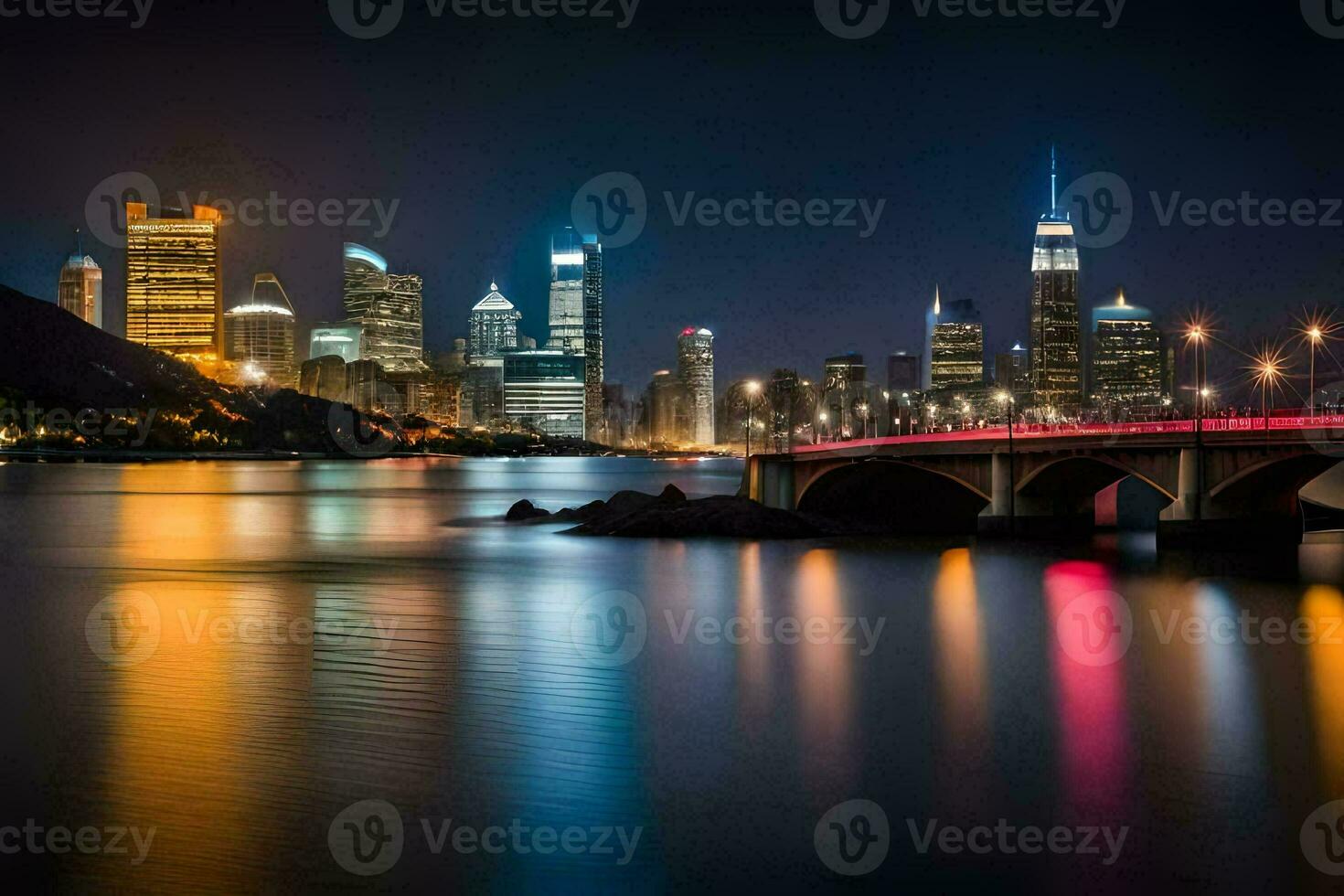 a city skyline at night with lights reflecting off the water. AI-Generated photo