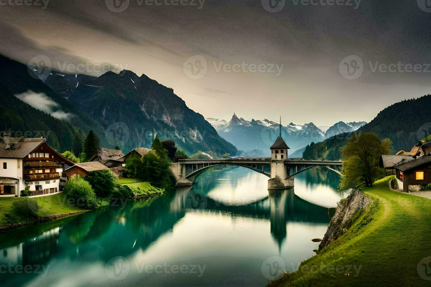 a bridge over a river in the mountains. AI-Generated photo