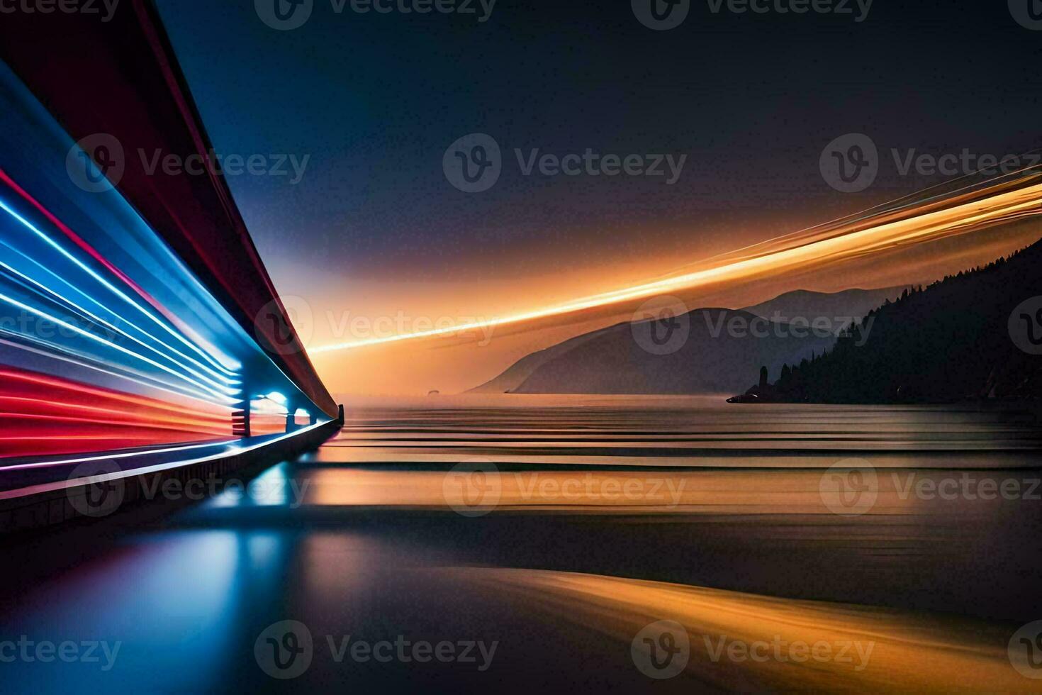 a long exposure photo of a bridge with light trails. AI-Generated