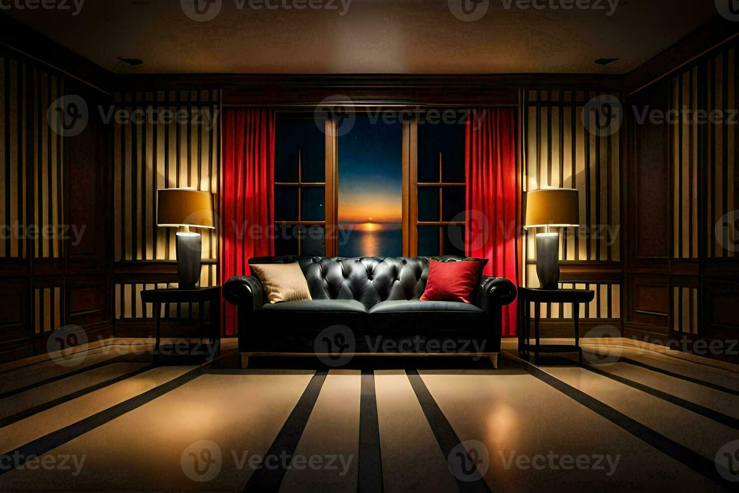 a room with a black leather couch and two lamps. AI-Generated photo