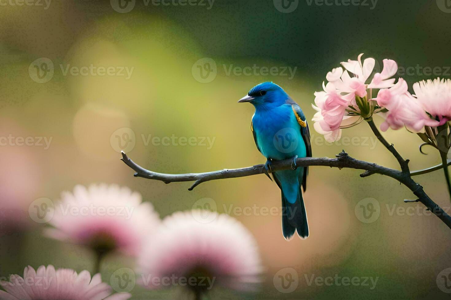 a blue bird sits on a branch with pink flowers. AI-Generated photo