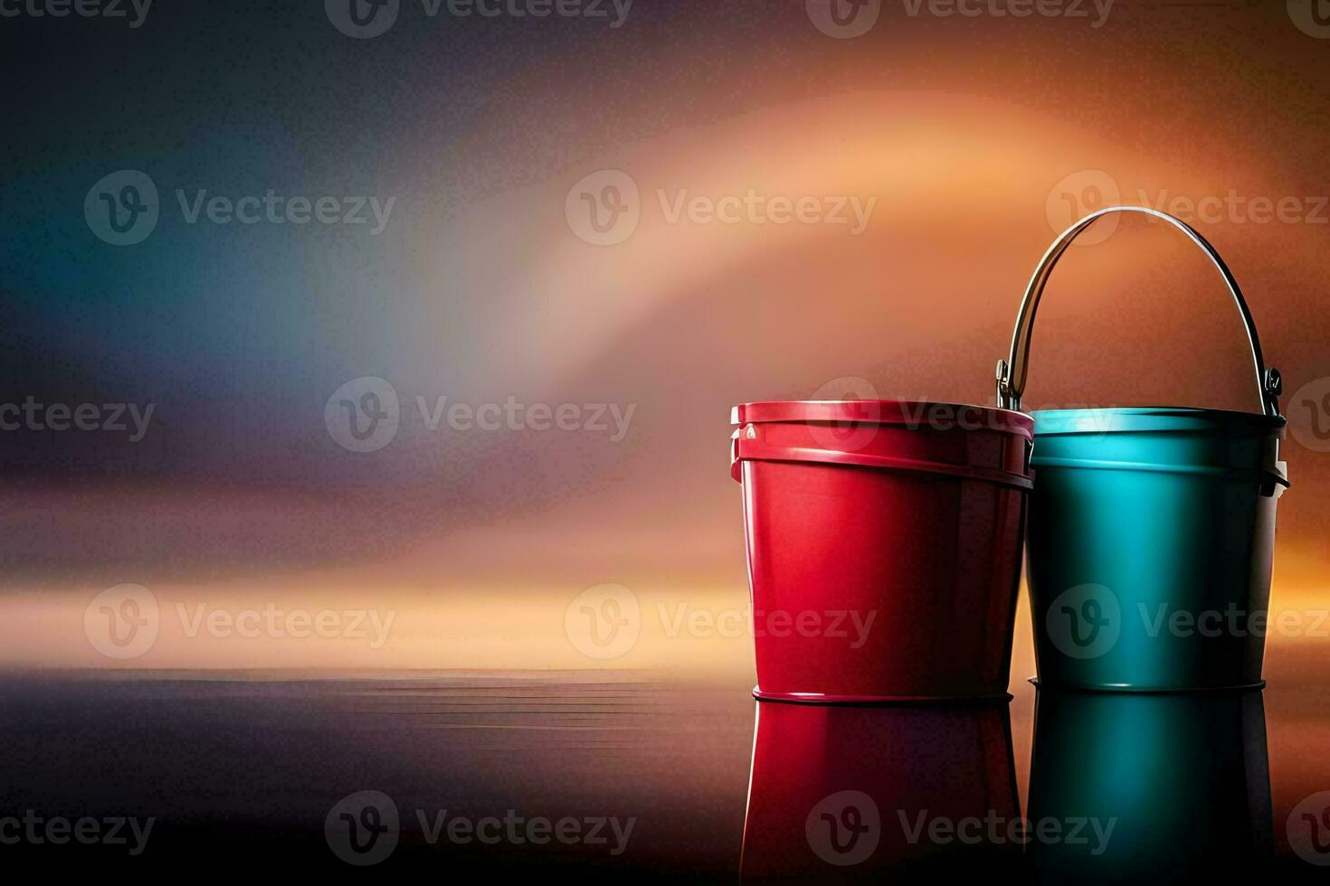two buckets of paint on a dark background. AI-Generated photo