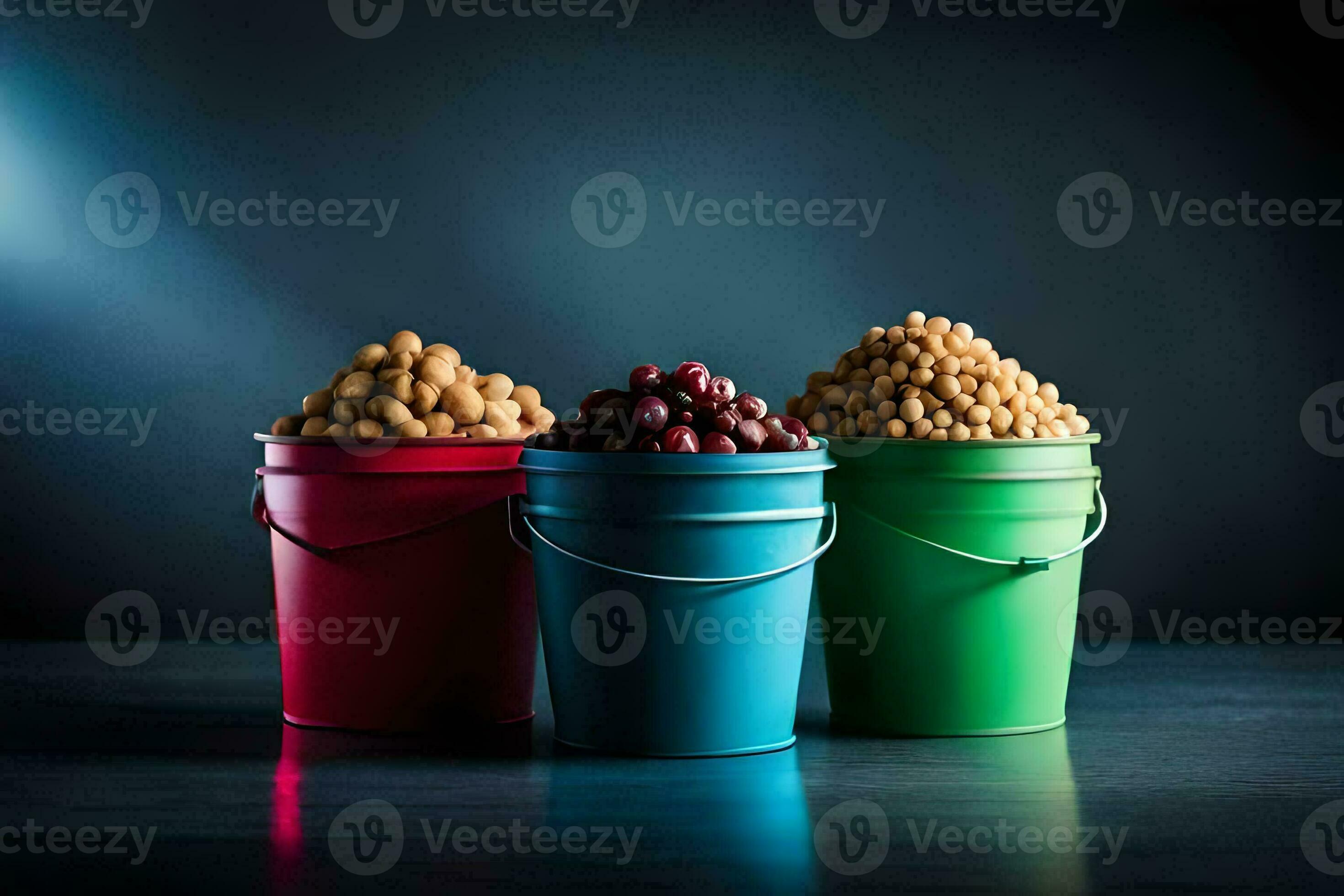 three buckets of nuts on a dark table. AIGenerated 33412464 Stock