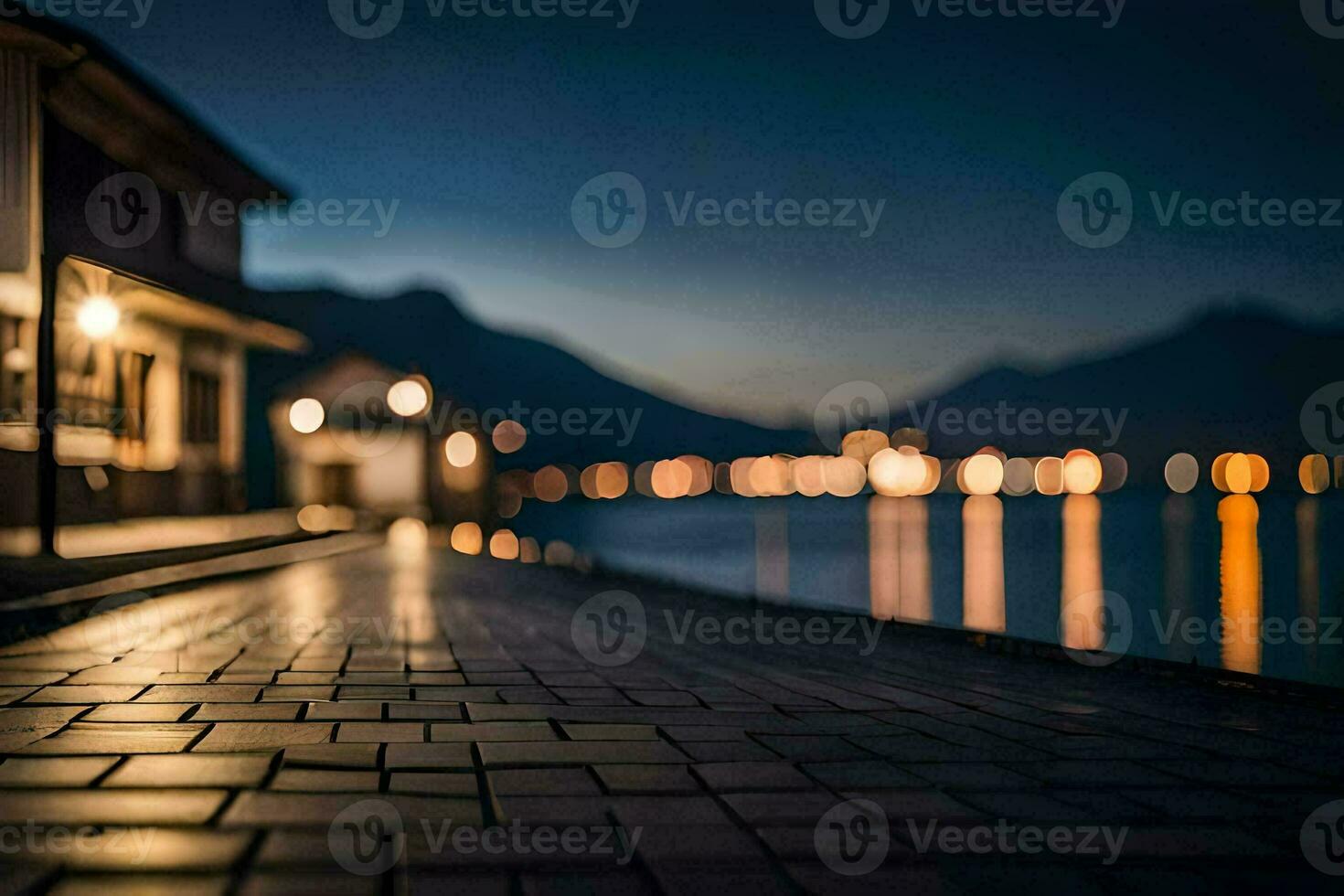 a long walk along the lake at night. AI-Generated photo