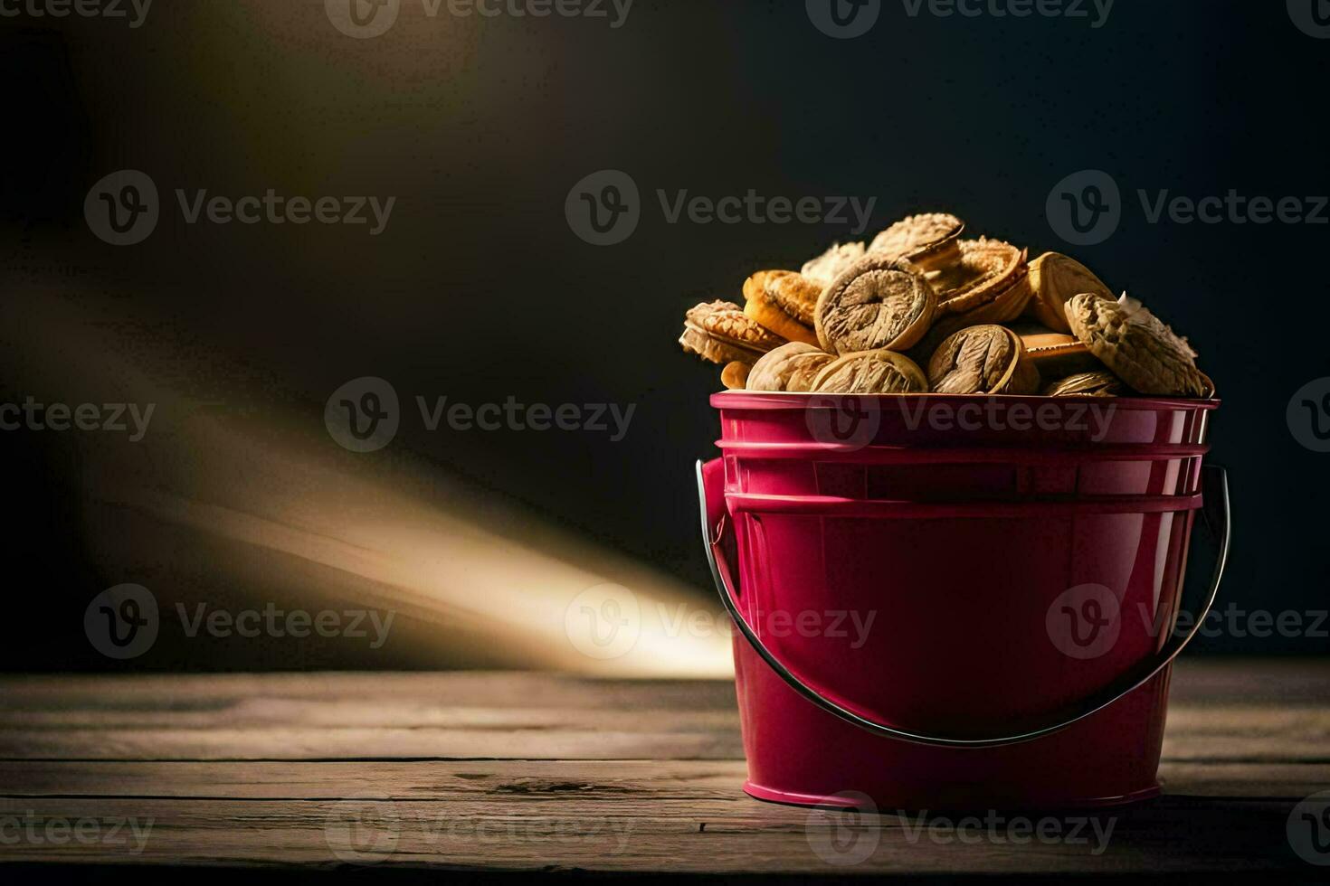 a bucket filled with cookies on a wooden table. AI-Generated photo