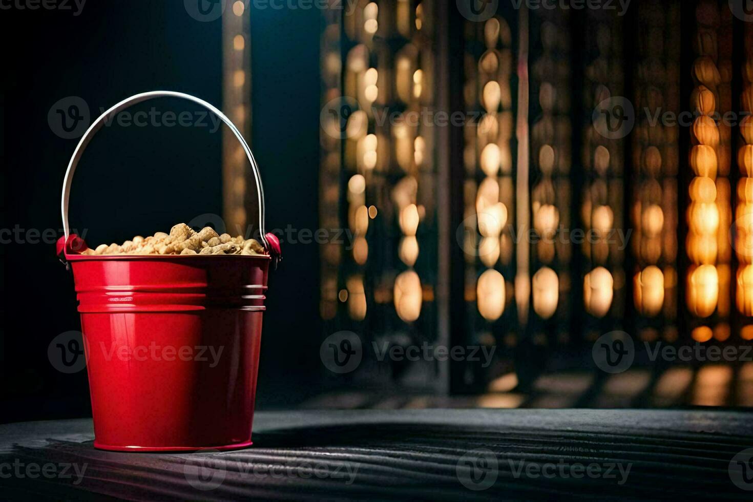 a red bucket filled with popcorn on a table. AI-Generated photo