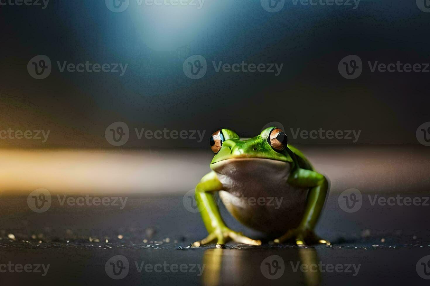 a frog sitting on the ground with a blurry background. AI-Generated photo