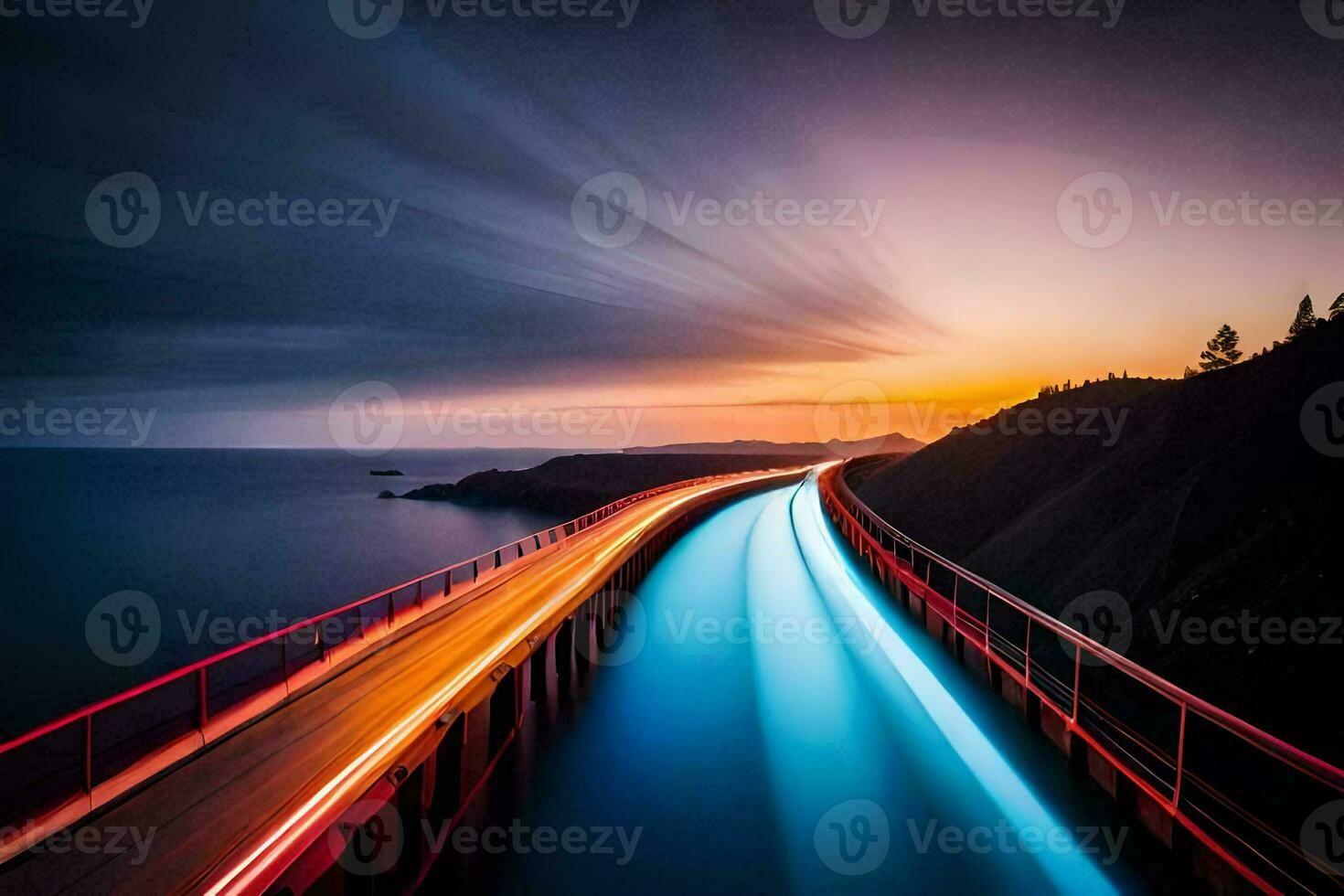 a long exposure photograph of a bridge at sunset. AI-Generated photo