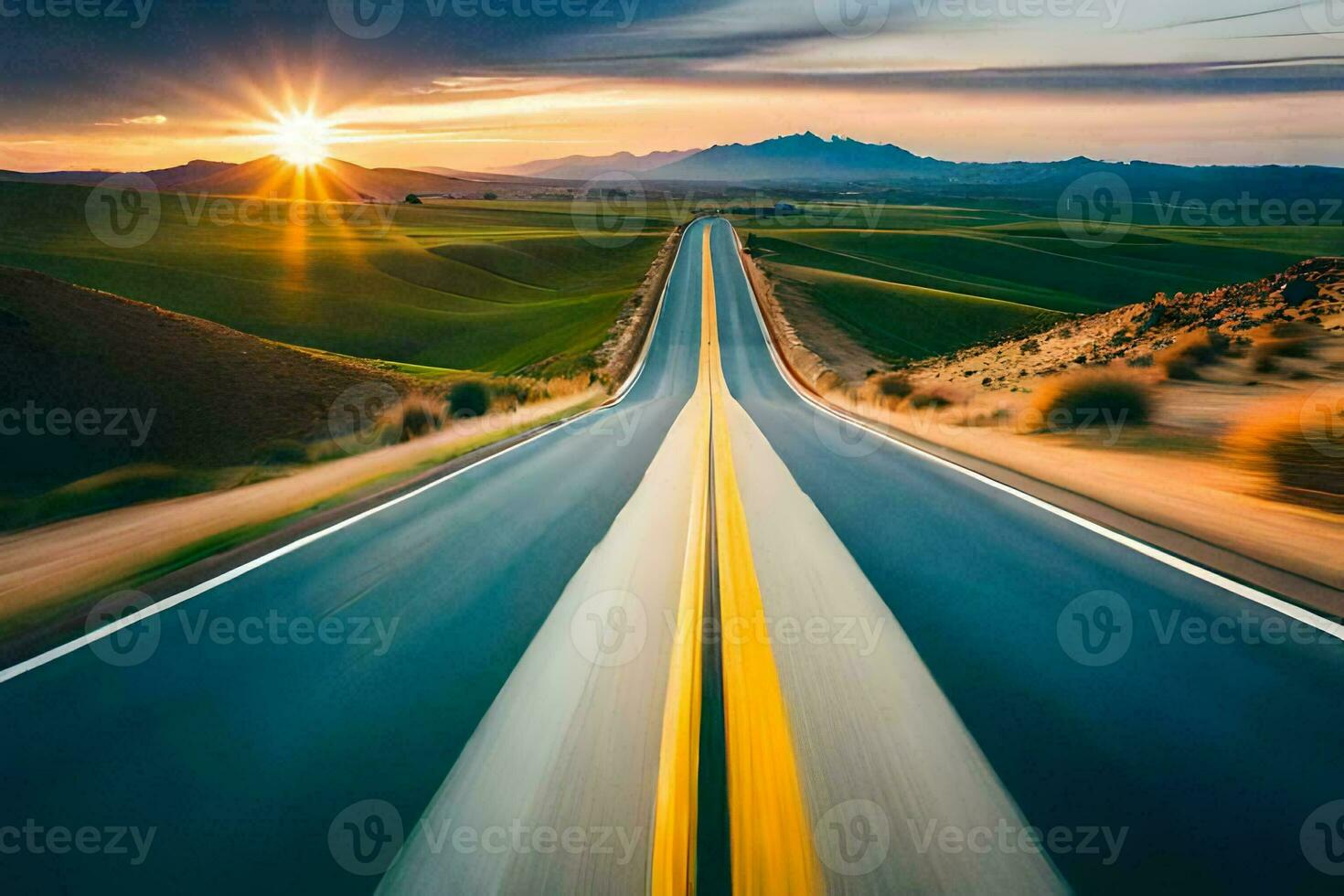 a long road with the sun setting behind it. AI-Generated photo