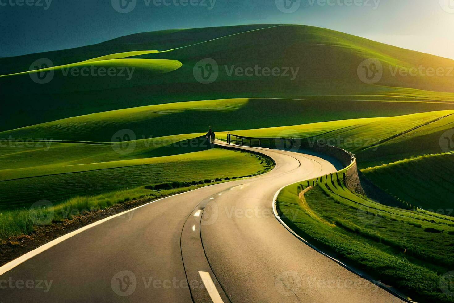 a road winding through green hills at sunset. AI-Generated photo
