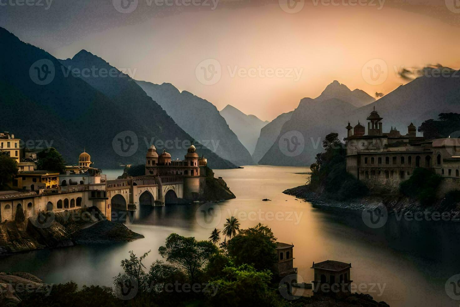 photo wallpaper the sky, mountains, bridge, lake, sunset, the city, the bridge,. AI-Generated