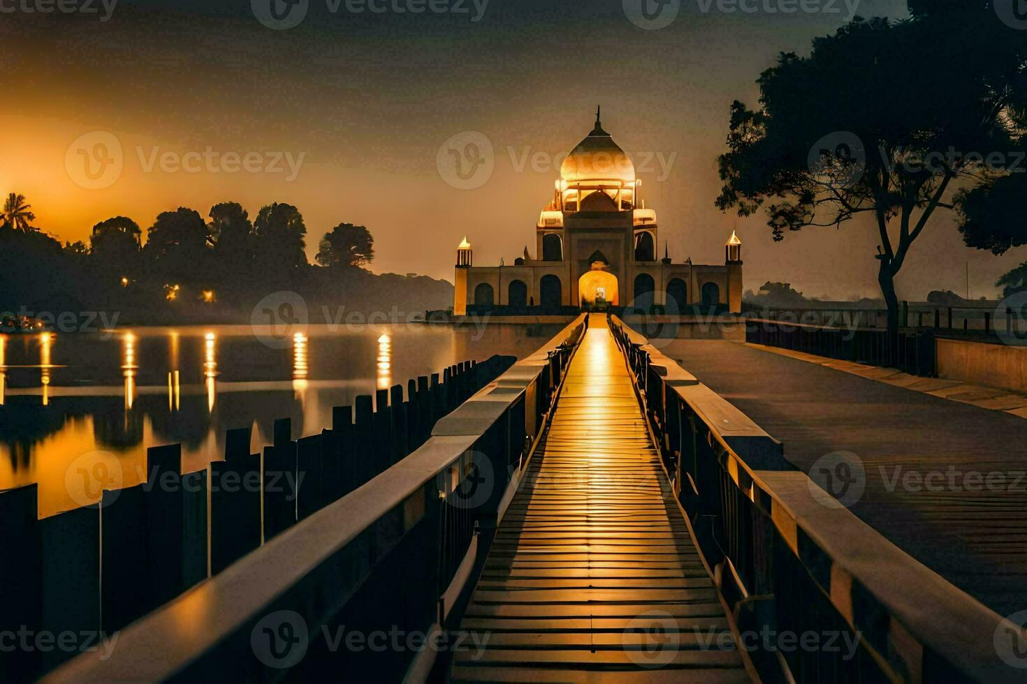 the mosque at night with a long bridge leading to it. AI-Generated photo
