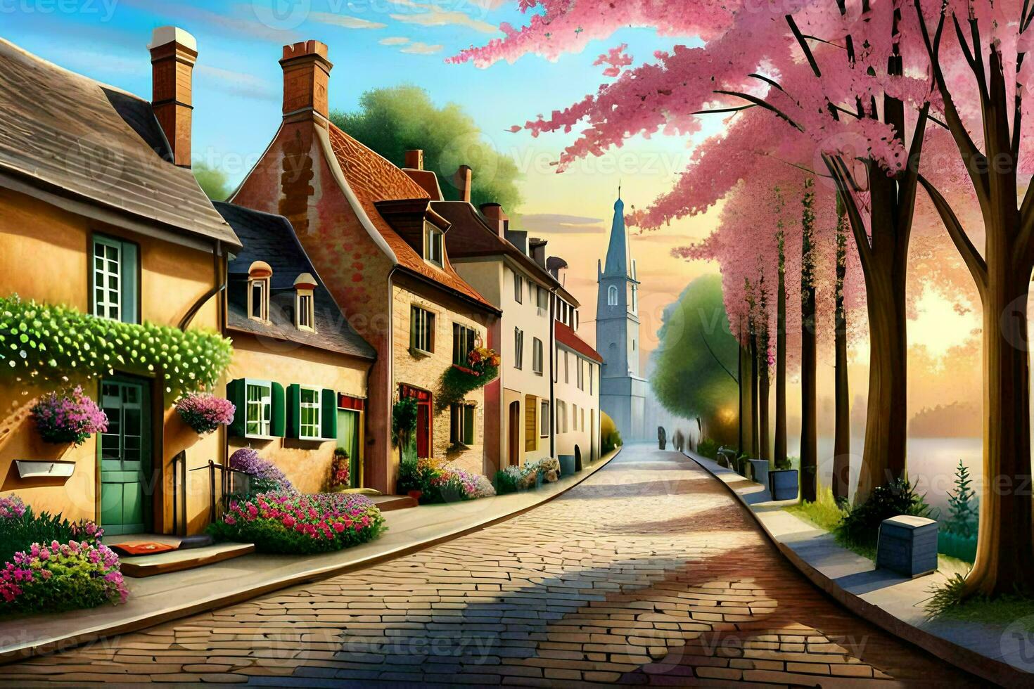 a painting of a street with trees and flowers. AI-Generated photo