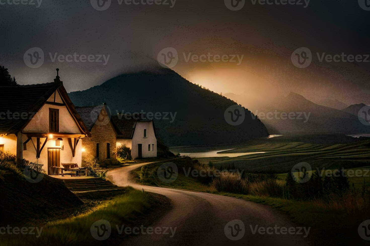 a road leading to a house in the mountains. AI-Generated photo