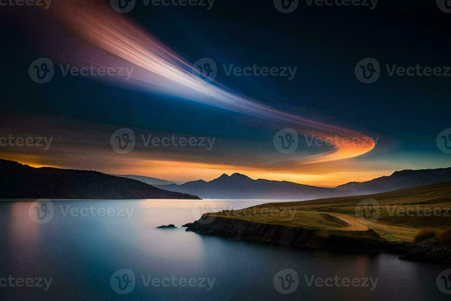 a long exposure photograph of a long streak of light in the sky. AI-Generated photo