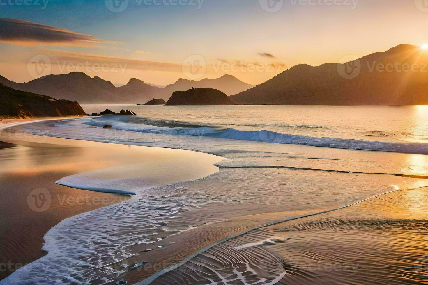 el Dom conjuntos terminado un playa y montañas. generado por ai foto