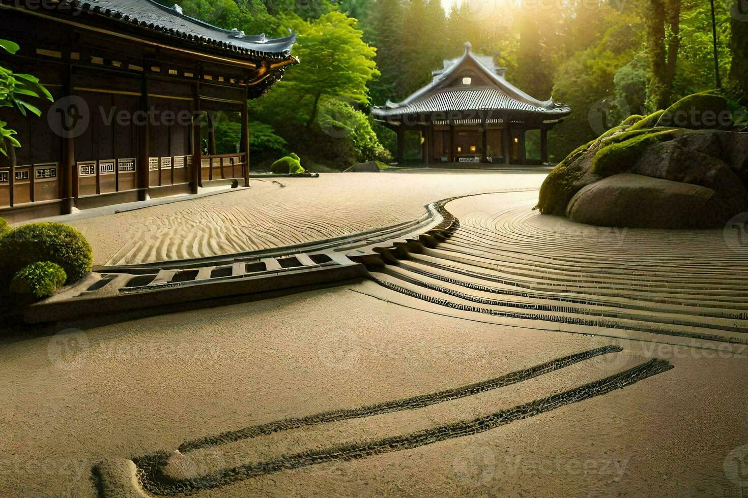 un japonés jardín con un Roca camino y un pagoda. generado por ai foto