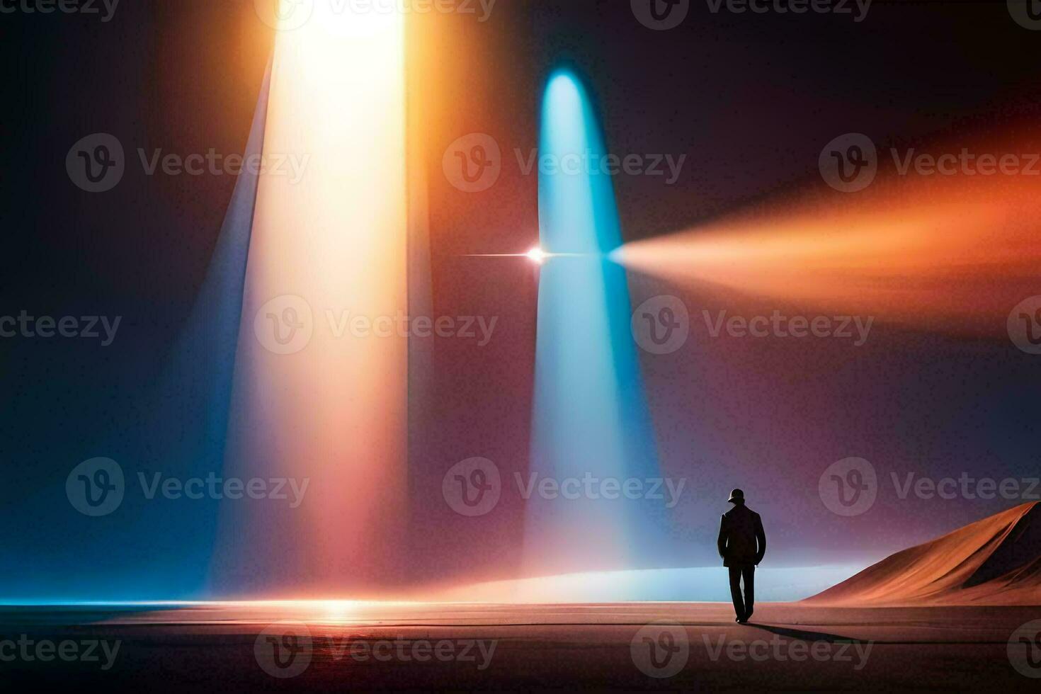 a man standing in front of a bright light. AI-Generated photo