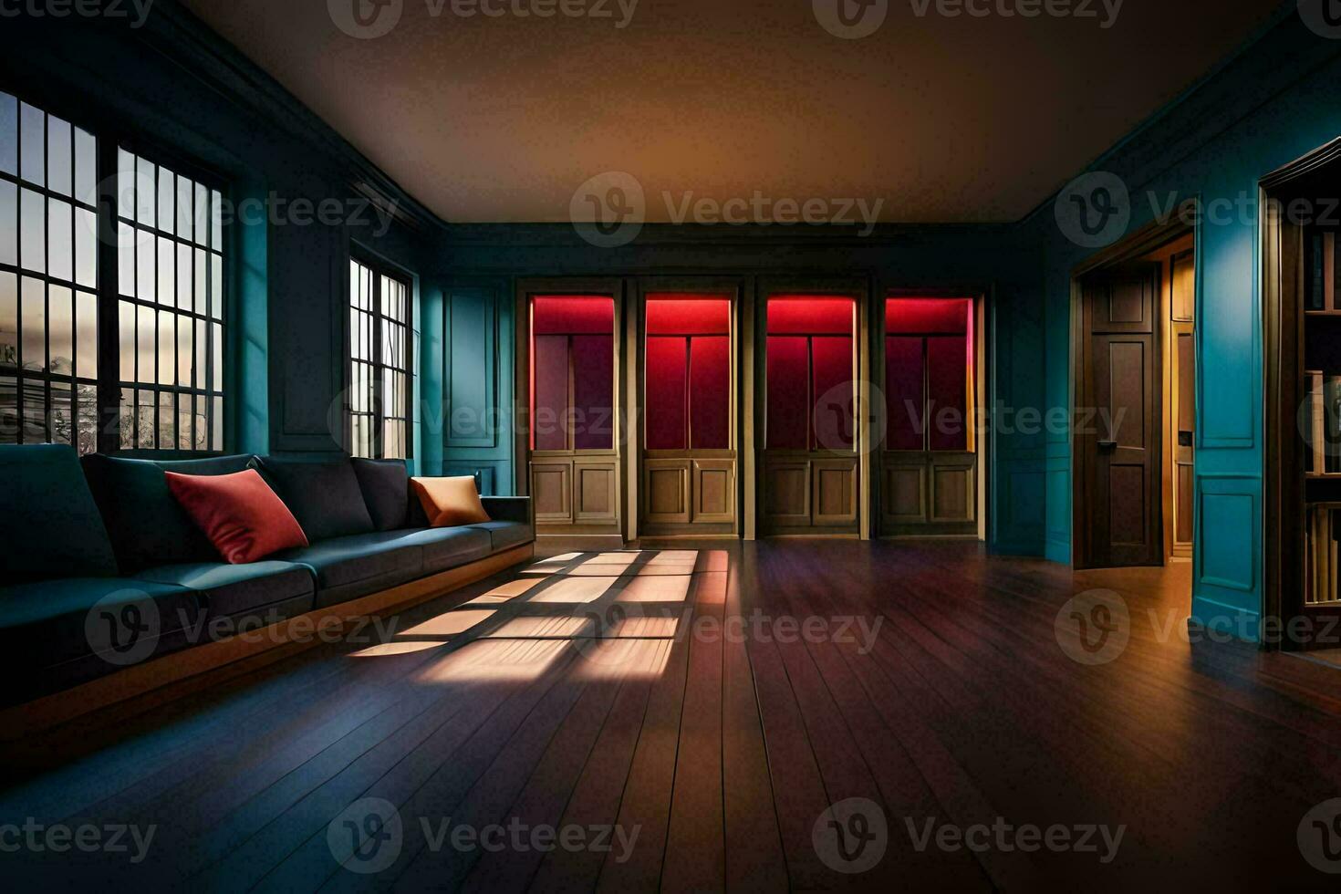 a room with blue walls and wooden floors. AI-Generated photo