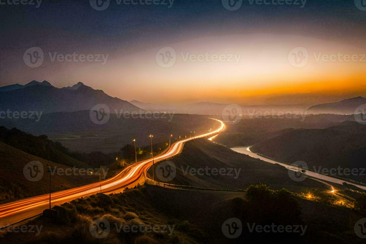 un largo exposición fotografía de un la carretera en el montañas. generado por ai foto