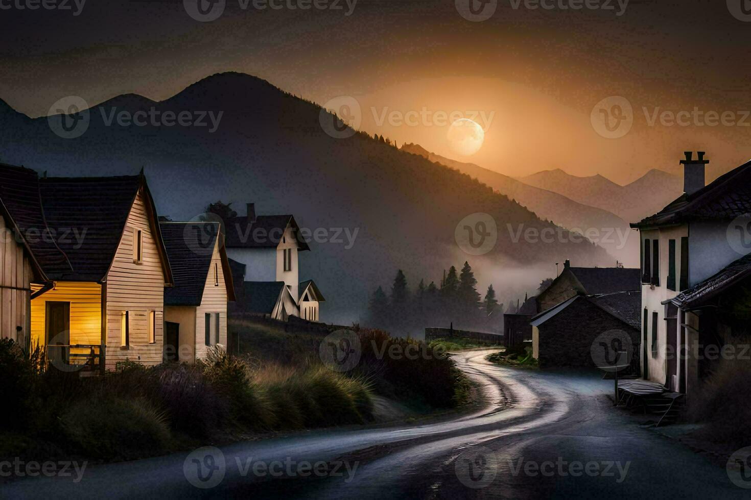 photo wallpaper the sky, the sun, the moon, the mountains, the road, the village. AI-Generated