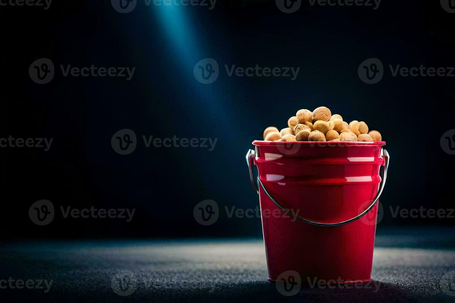 a red bucket filled with peanuts on a dark background. AI-Generated photo