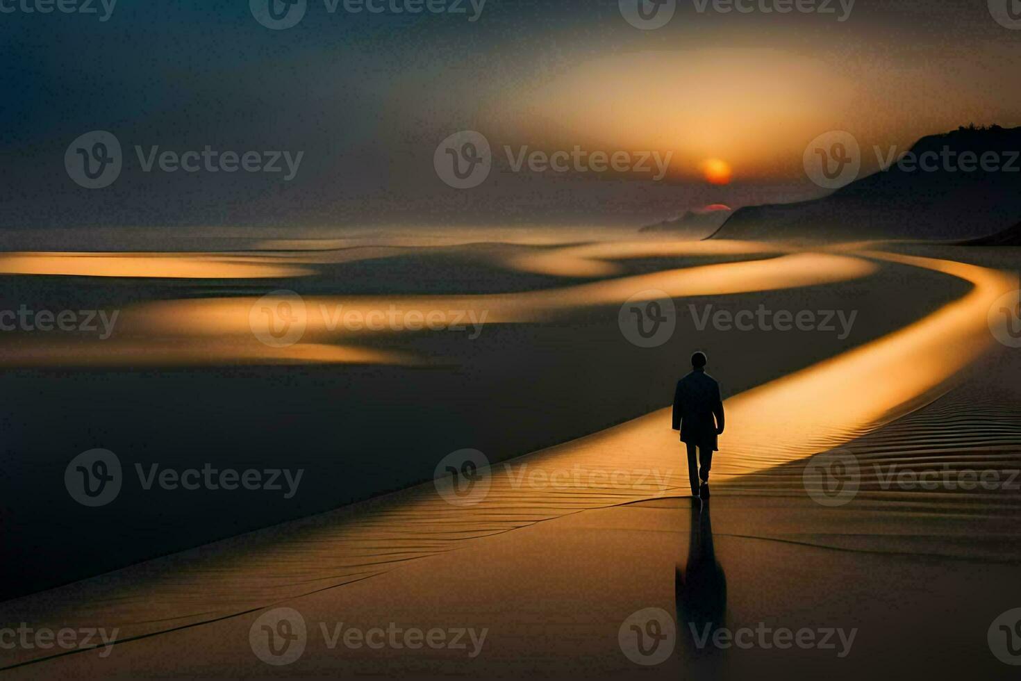 a man walking along the beach at sunset. AI-Generated photo