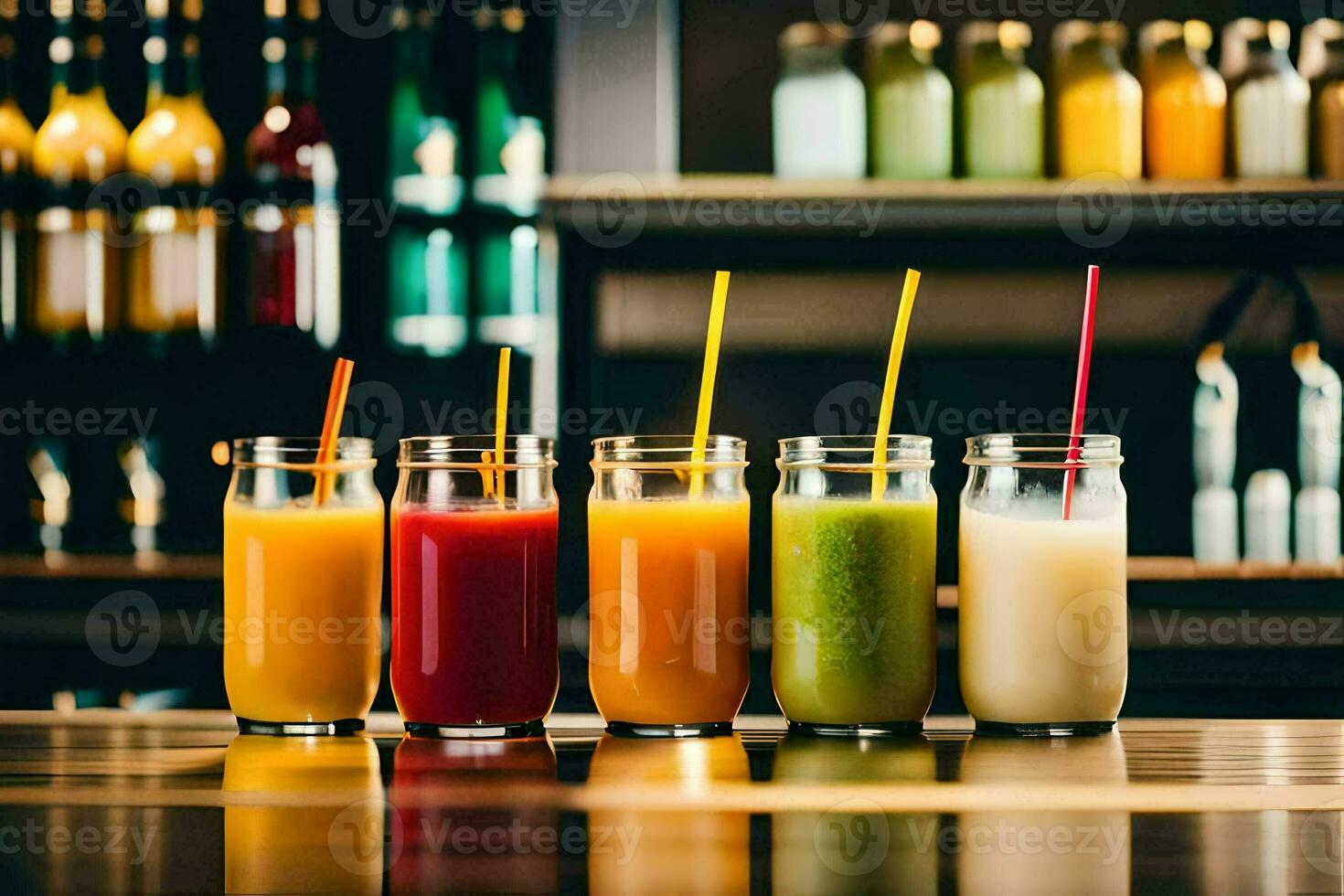 a row of different colored juices in glasses. AI-Generated photo