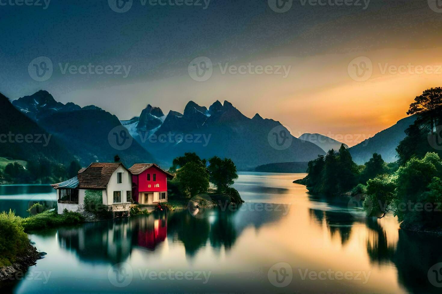 a house sits on the edge of a lake at sunset. AI-Generated photo