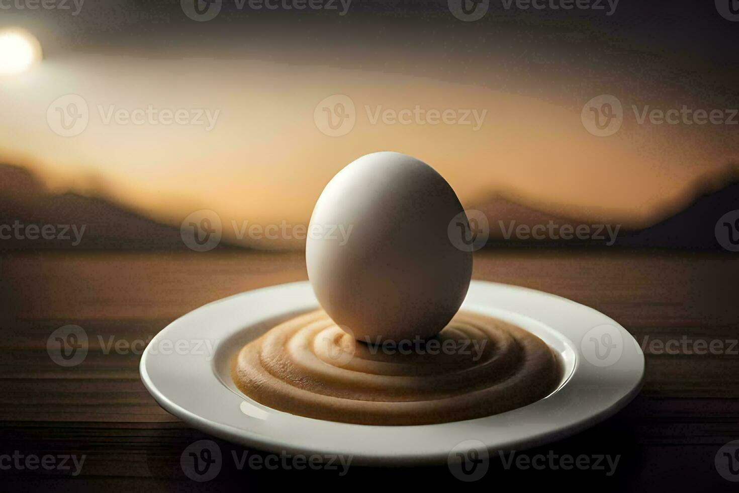 an egg on a plate with a sunset in the background. AI-Generated photo