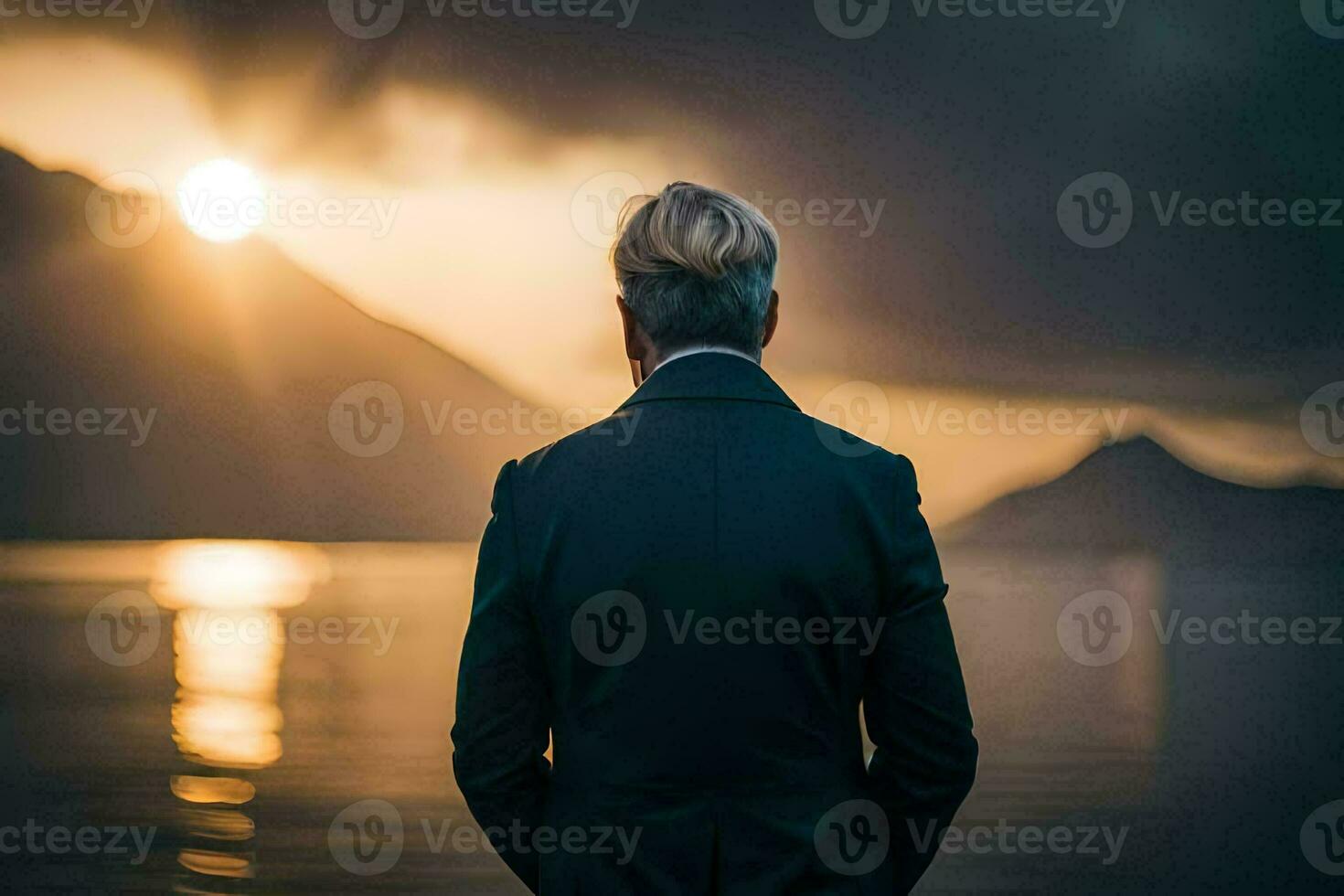 a man in a suit stands in front of a lake at sunset. AI-Generated photo
